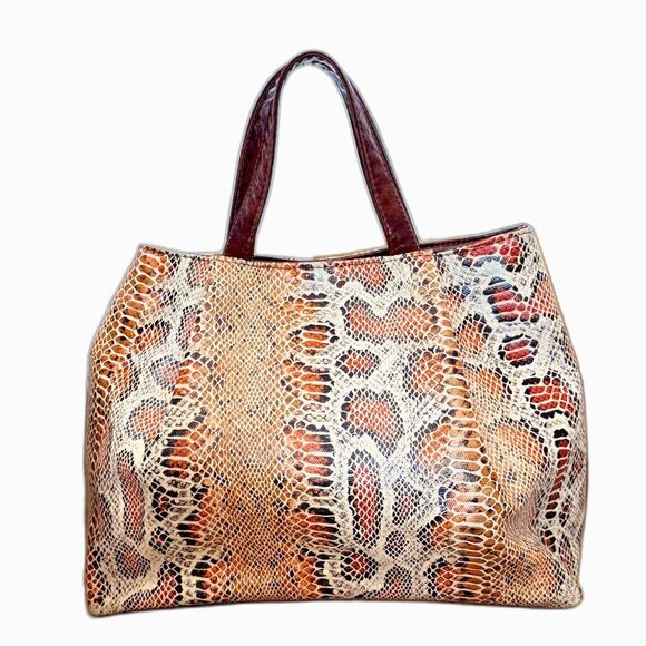 Y2K Pritzi Snakeskin Brown and Orange Lightweight Chic Work Handbag Tote Purse - Picture 1 of 6